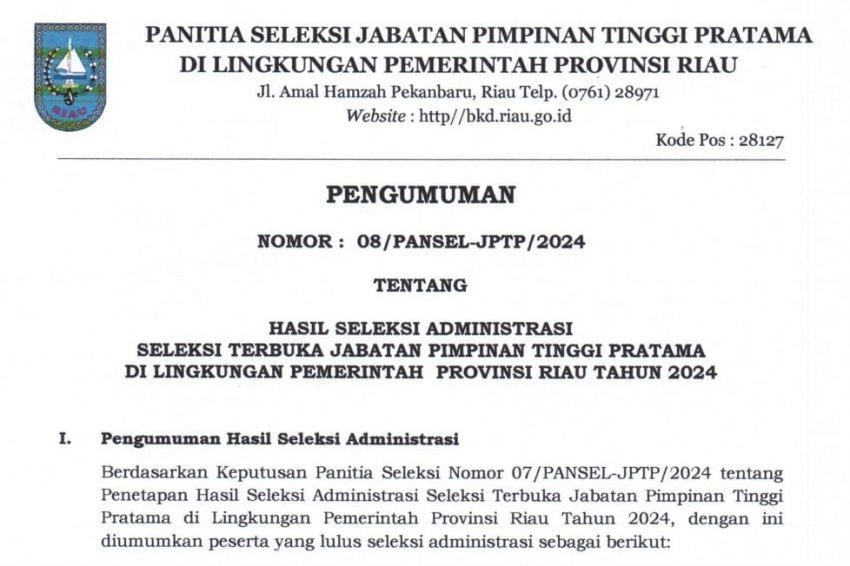 Hasil Seleksi Administrasi Jabatan Eselon II Pemprov Riau