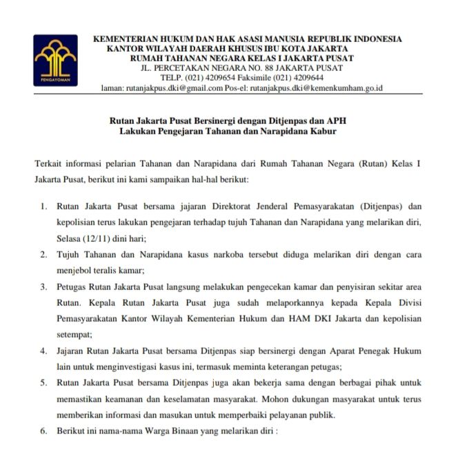 Rutan Jakarta Pusat Sinergi dengan Ditjenpas dan APH Lakukan Pengejaran Tahanan dan Narapidana Kabur