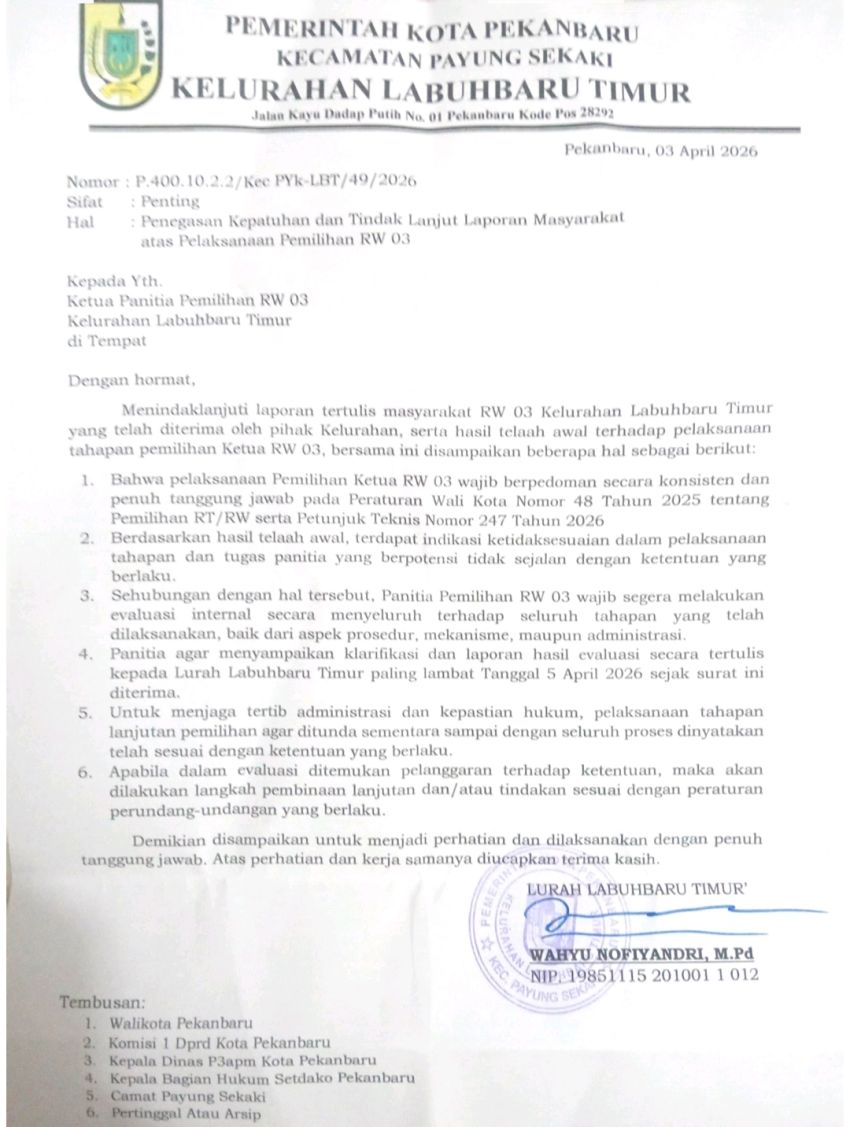 Pemilihan RT di RW 03 Labuh Baru Timur Ditunda, Lurah Minta Panitia Evaluasi Aturan yang Dibuat